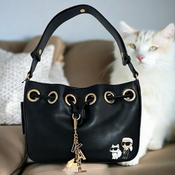 Karl Lagerfeld Handbags - Karl Lagerfeld Black Leather Desiree Bag w/ Karl Purse Charm & Choupette Cat NWT